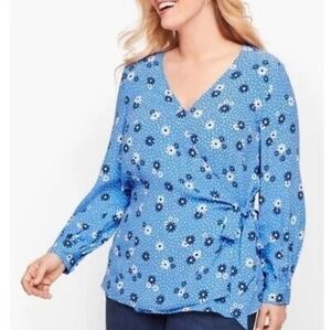 Talbots Blue Floral Wrap Blouse M